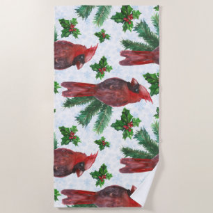 watercolor Red Cardinal Bird Beach Towel