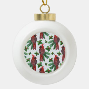 watercolor Red Cardinal Bird Ceramic Ball Christmas Ornament