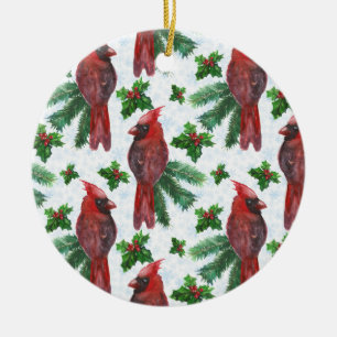 watercolor Red Cardinal Bird Ceramic Ornament