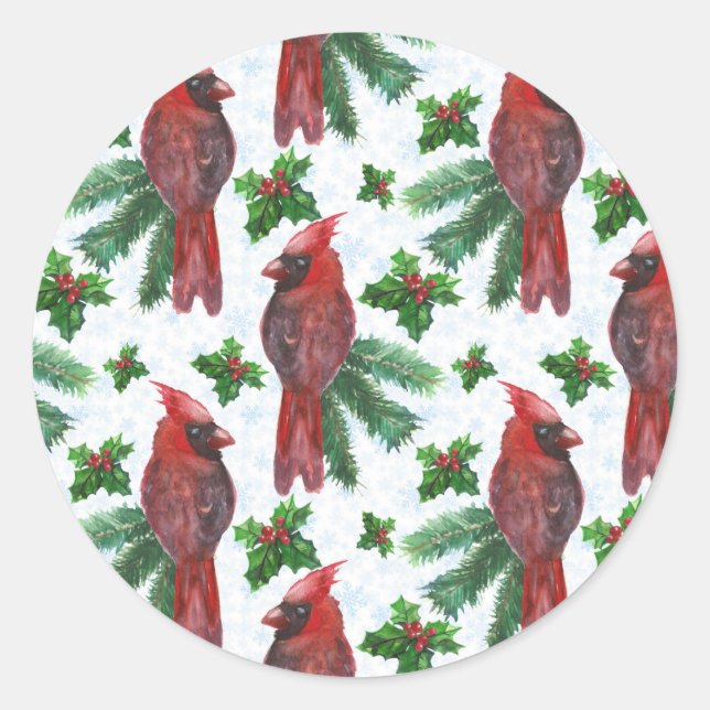 watercolor Red Cardinal Bird Classic Round Sticker (Front)