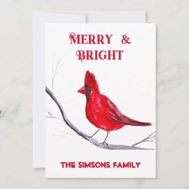 Watercolor Red Cardinal Bird Merry Christmas Holiday Card (Front)