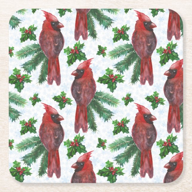 watercolor Red Cardinal Bird Square Paper Coaster (Front)