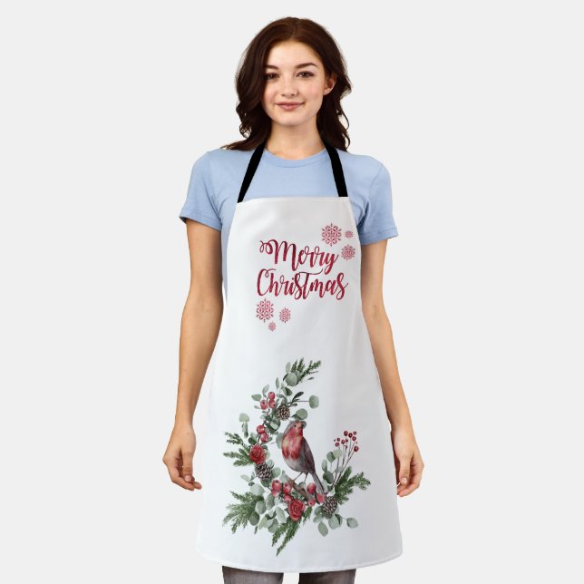 Watercolor Red Cardinal Bird Wreath Apron (Worn)