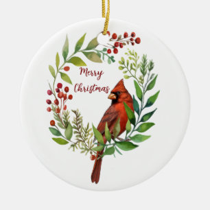 Watercolor Red Cardinal Bird Wreath Christmas Ceramic Ornament
