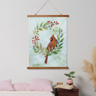 Watercolor Red Cardinal Bird Wreath Christmas Hanging Tapestry