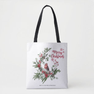 Watercolor Red Cardinal Bird Wreath Tote Bag