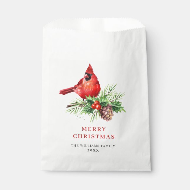 Watercolor Red Cardinal Christmas Holiday Party Favour Bag (Front)