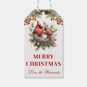 Watercolor Red Cardinal Family Merry Christmas Gift Tags