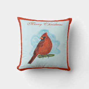Watercolor Red Cardinal Family Name Christmas Throw Pillow