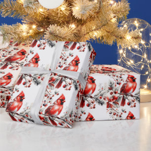 Watercolor Red Cardinal on the Berry Branch Wrapping Paper