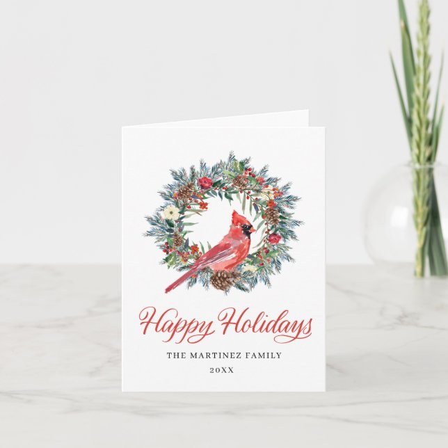 Watercolor Red Cardinal Pine Wreath Christmas Holi Holiday Card (Front)