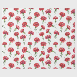Watercolor Red Carnation Flowers on White Wrapping Paper