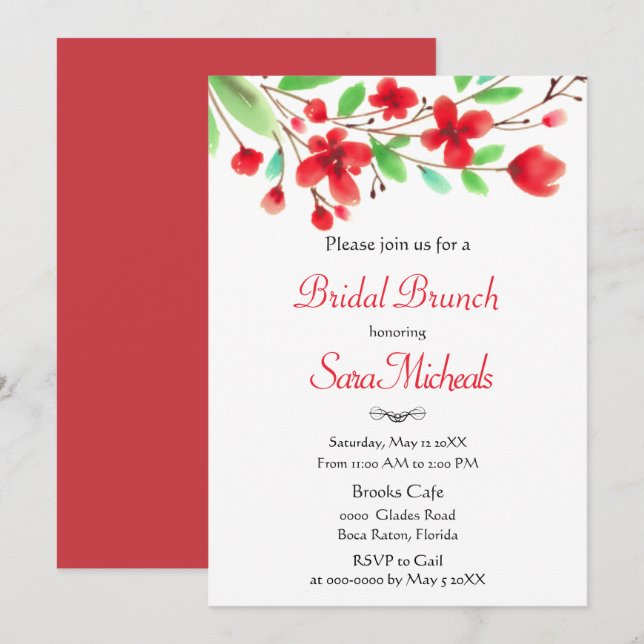 Watercolor Red Cherry Blossoms Bridal Brunch  Invitation (Front/Back)