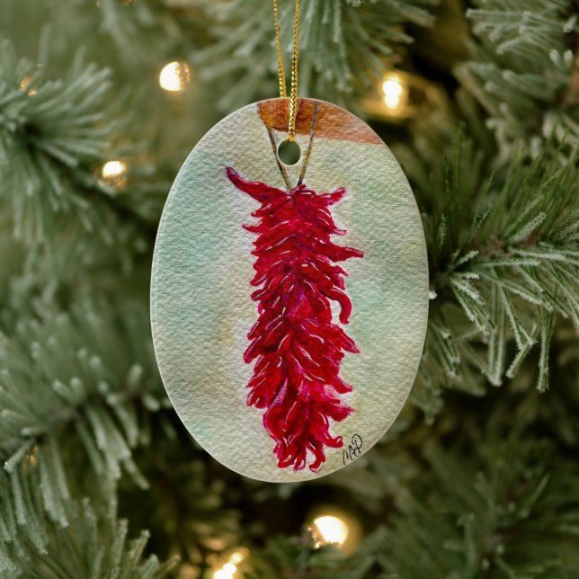 Watercolor Red Chile Ristra New Mexico Ceramic Ornament (Tree)