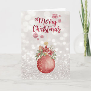 Watercolor Red Christmas Ball,Glittery Bokeh  Holiday Card