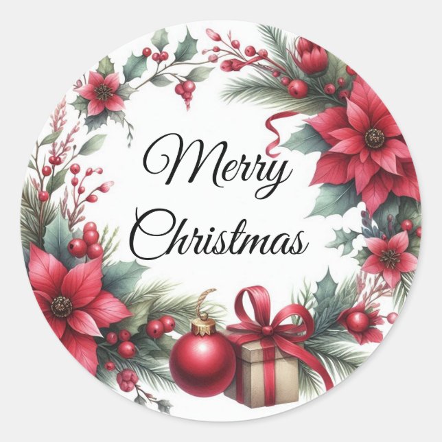 Watercolor Red Christmas Flower  Classic Round Sticker (Front)