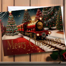 Watercolor Red Christmas Train Holiday Photo Car