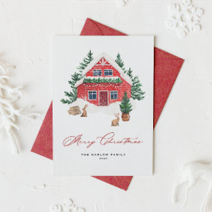 Watercolor Red Cottage in Snowy Forest Christmas Holiday Card