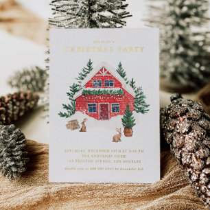Watercolor Red Cottage Snowy Scene Christmas Party