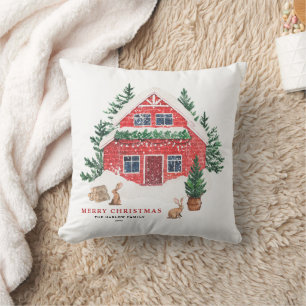 Watercolor Red Cottage Winter Scene Christmas Throw Pillow