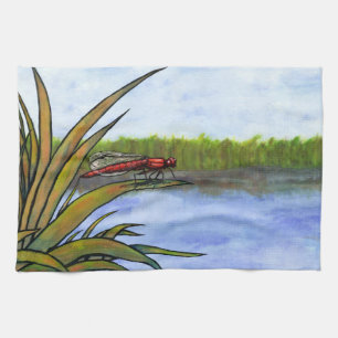 watercolor red dragonfly sitting on grass and lake kitchen towel