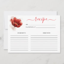 Watercolor Red Floral Bridal Shower Recipe Card