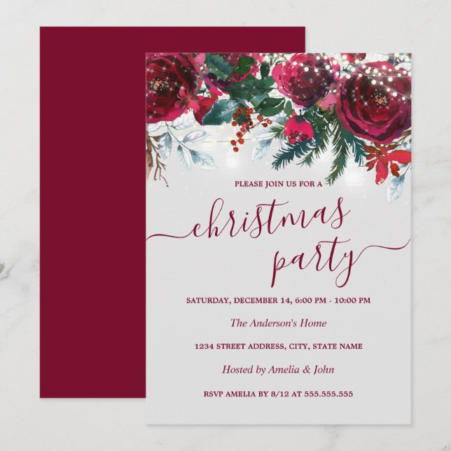 Watercolor Red Floral Christmas Party Invitation (Front/Back)
