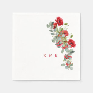 Watercolor Red Floral Eucalyptus Initials Wedding Napkin