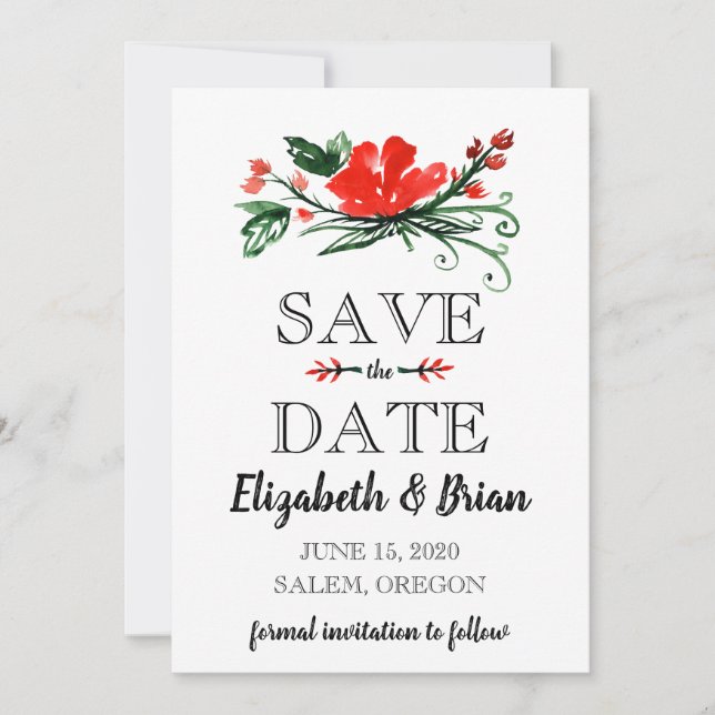 Watercolor Red Floral Save the Date (Front)