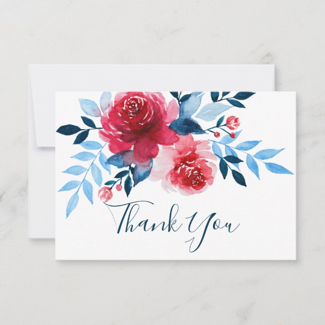 Watercolor Red Flowers Wedding Thank You  Card (Front)