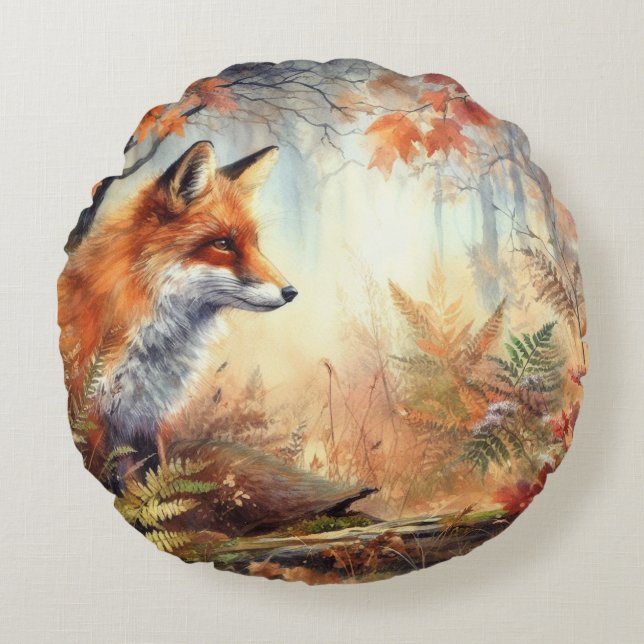Watercolor Red Fox Fall Autumn Colour Nature  Round Pillow (Front)