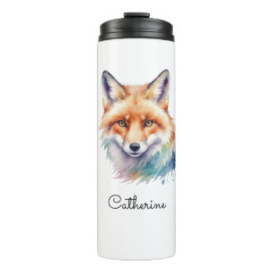 Watercolor Red Fox Portrait Personalized Name Thermal Tumbler