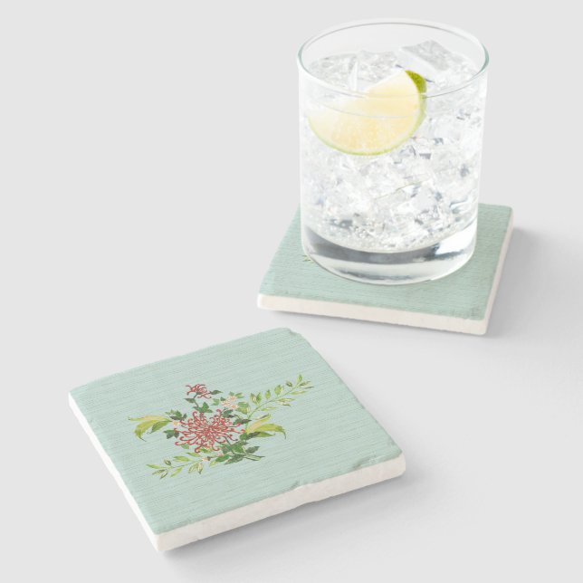 Watercolor Red Gerbera Daisy w/ Greenery Marble Stone Coaster (Side)