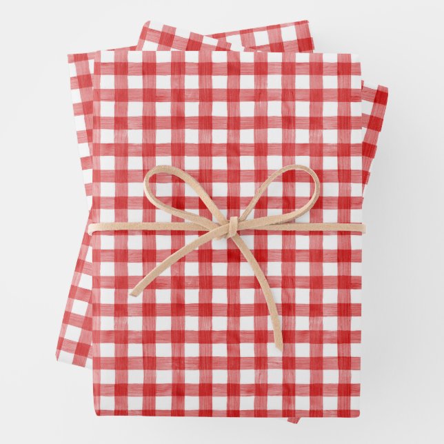 Watercolor Red Gingham Wrapping Paper Sheet (In situ)