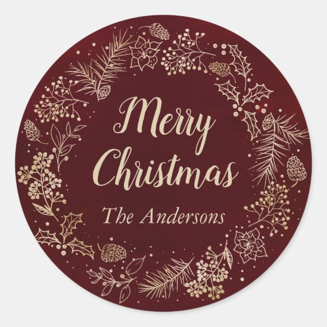 Watercolor Red & Gold Christmas Wreath Holiday Classic Round Sticker (Front)