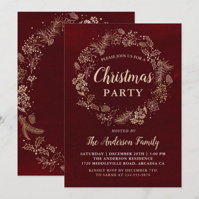 Watercolor Red Gold Wreath Christmas Party Invitation (Front/Back)