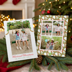 Watercolor Red & Green Bow Garland Swag Photo Holiday Card