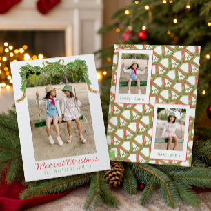 Watercolor Red & Green Bow Garland Swag Photo Holiday Card