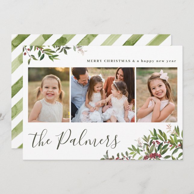 Watercolor Red Green Christmas Branches Collage Holiday Card (Front/Back)