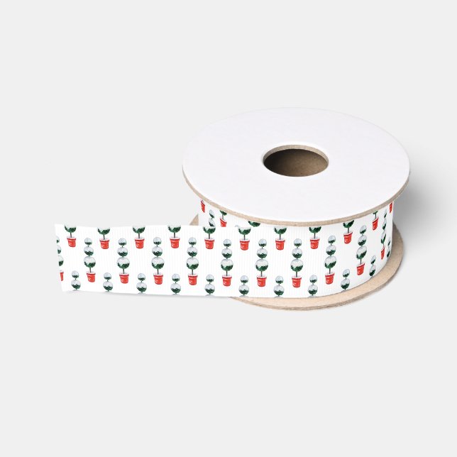 Watercolor Red & Green Christmas Topiary Grosgrain Ribbon (Spool)