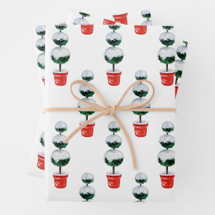 Watercolor Red & Green Christmas Topiary Wrapping Paper Sheet