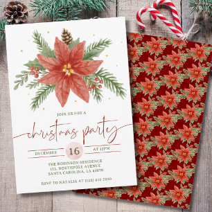 Watercolor Red Green Floral Christmas Party Invitation