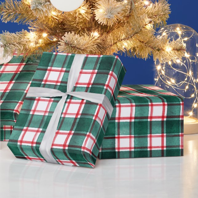 Watercolor Red Green Holiday Plaid Christmas Wrapping Paper (Holidays)