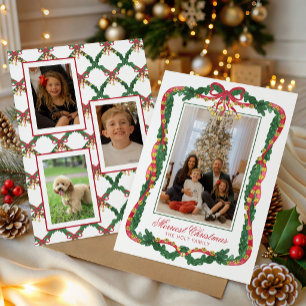 Watercolor Red & Green Jingle Bells Photo Holiday Card