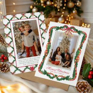Watercolor Red & Green Jingle Bells Photo Holiday Card