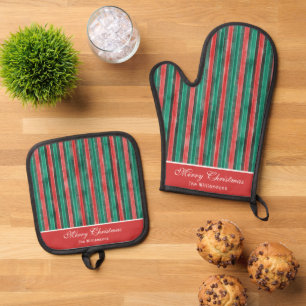 Watercolor Red & Green Stripes Chirstmas Custom Oven Mitt & Pot Holder Set