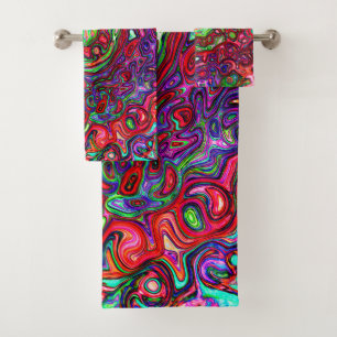 Watercolor Red Groovy Abstract Retro Liquid Swirl Bath Towel Set