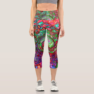 Watercolor Red Groovy Abstract Retro Liquid Swirl Capri Leggings