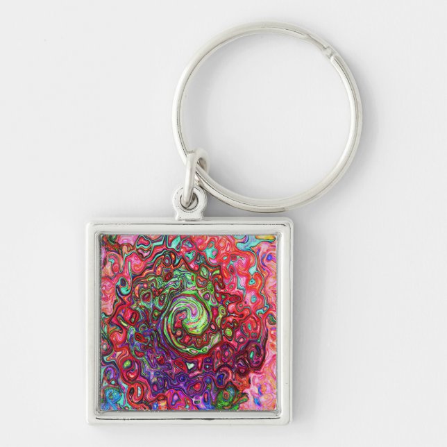 Watercolor Red Groovy Abstract Retro Liquid Swirl Keychain (Front)