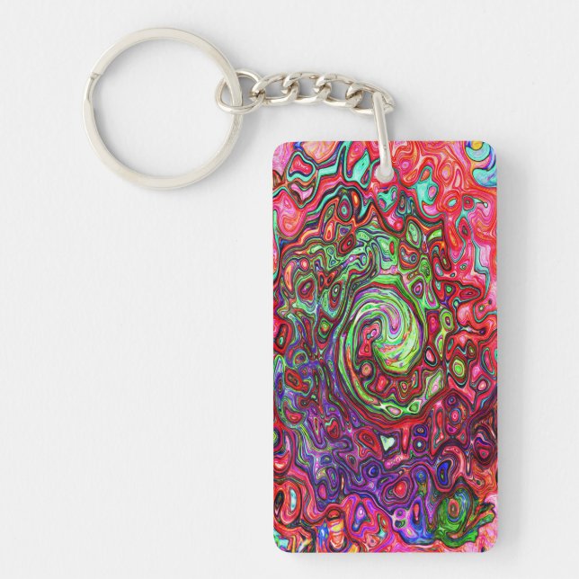 Watercolor Red Groovy Abstract Retro Liquid Swirl Keychain (Front)